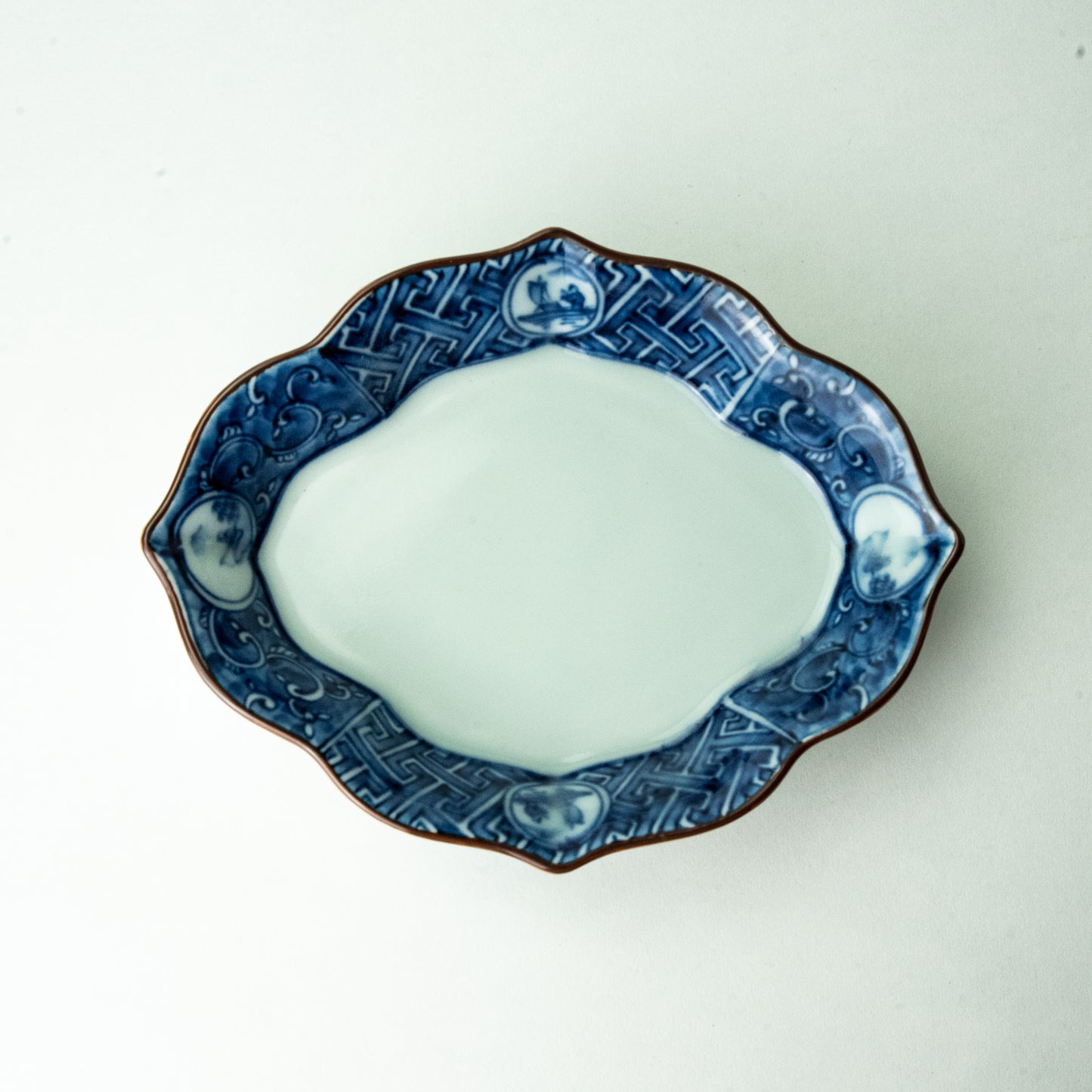 Mino ware appetizer plate, round pattern, Sansuiki-ko type, mukouzuke